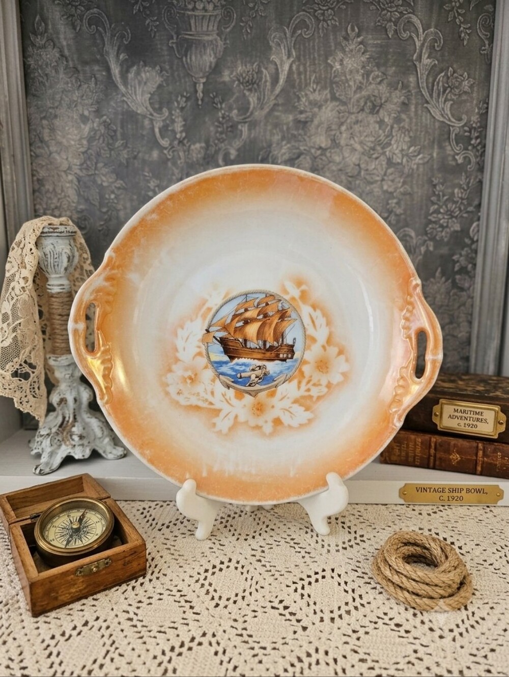 ​Antique 1920s Czech Lusterware Nautical Ship Plate